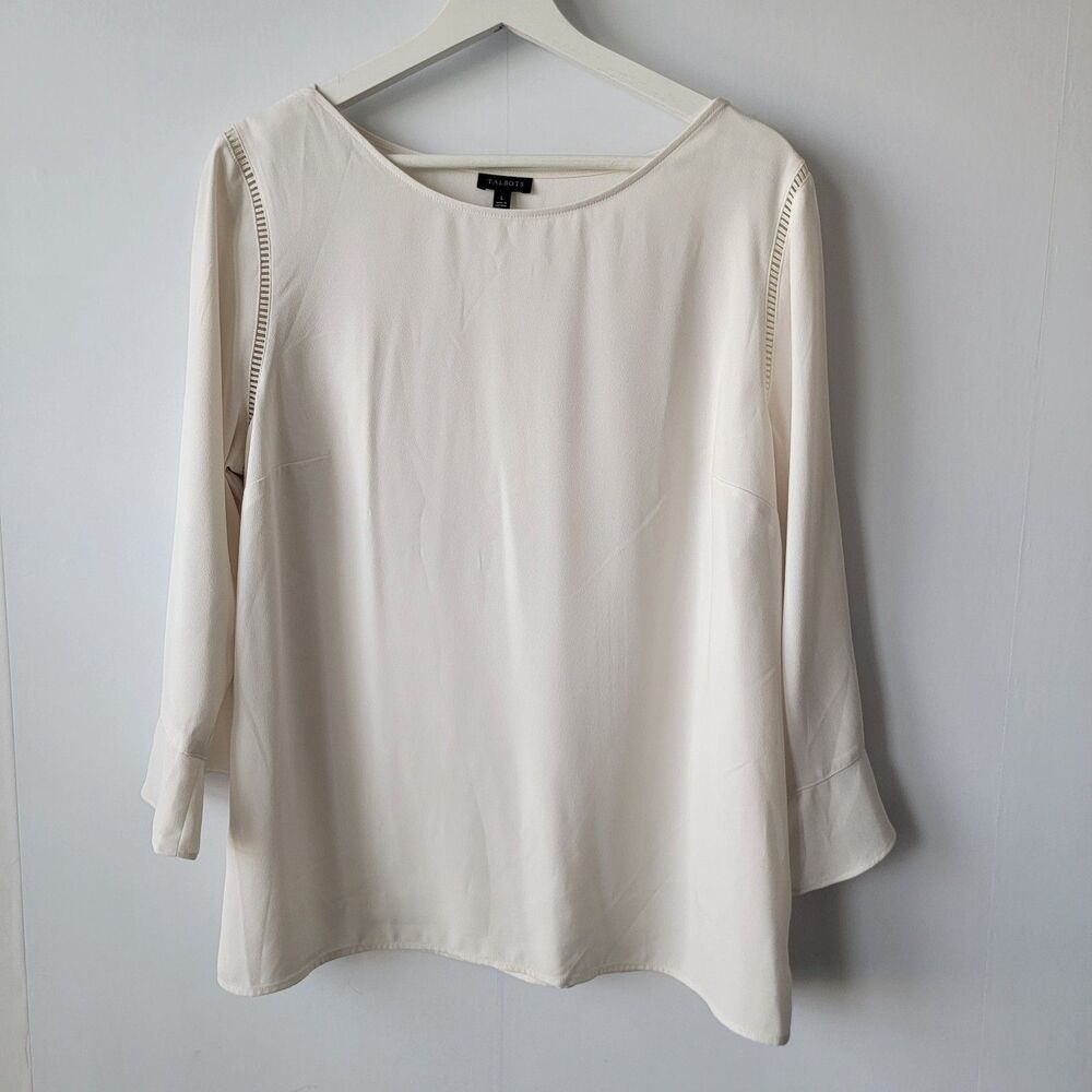 Talbots Womens side zipper detail Top size L Ivory Long Sleeve Minimalist Office